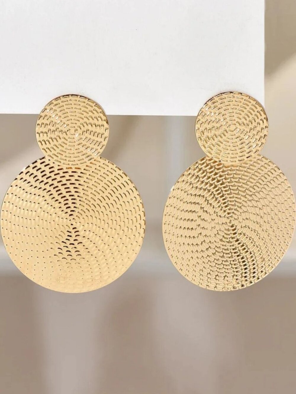 Gold Textured Geometric Double Round Disc Dangle Earrings
